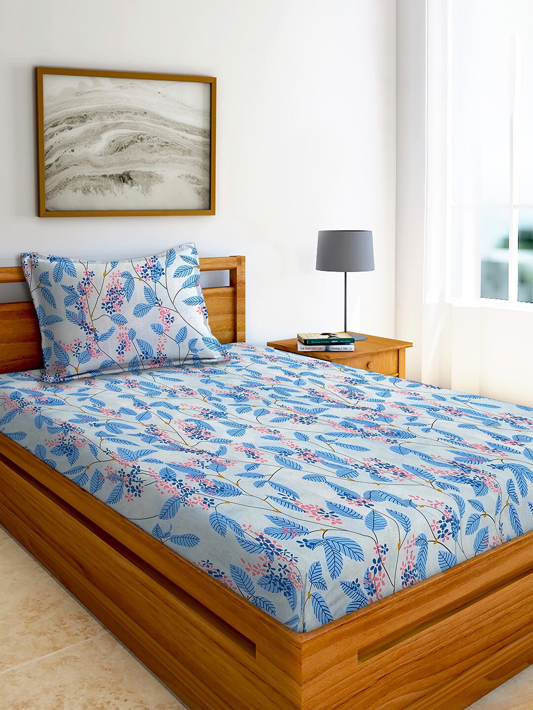 AEROHAVEN Blue & White Printed Cotton 240 TC Single Bedsheet With 1 Pillow Cover