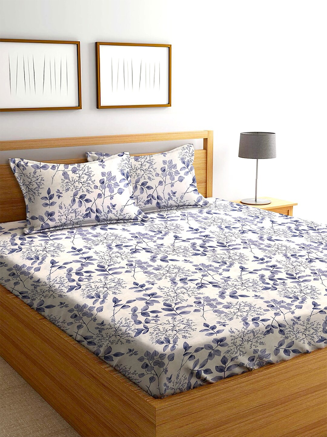 

AEROHAVEN Grey & Blue Floral Cotton 240 TC Queen Bedsheet With 2 Pillow Covers