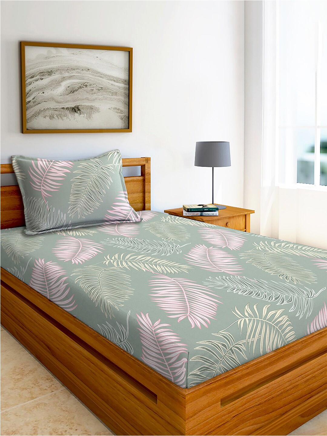 AEROHAVEN Green & Pink Floral Cotton 240 TC Single Bedsheet With 1 Pillow Cover