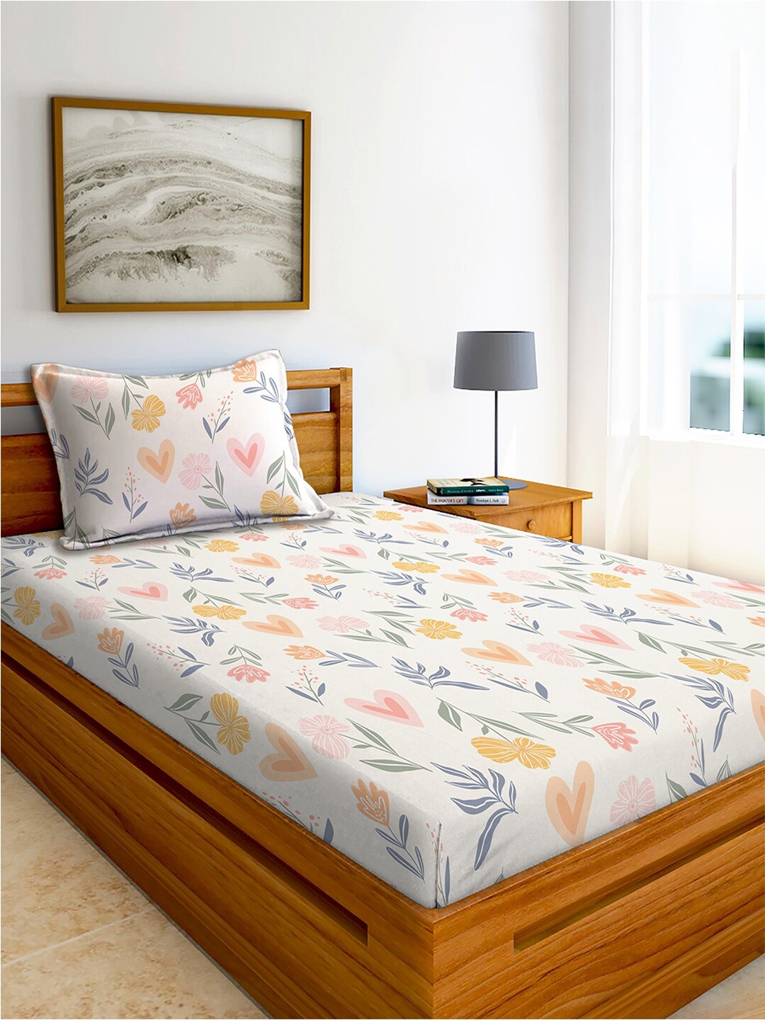 AEROHAVEN Off White & Green Cotton 240 TC Floral Single Bedsheet With 1 Pillow Cover