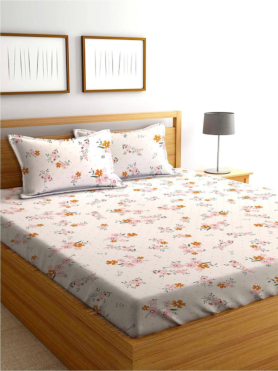 

AEROHAVEN Cream-Coloured & Pink Floral Cotton 240 TC Queen Bedsheet With 2 Pillow Covers