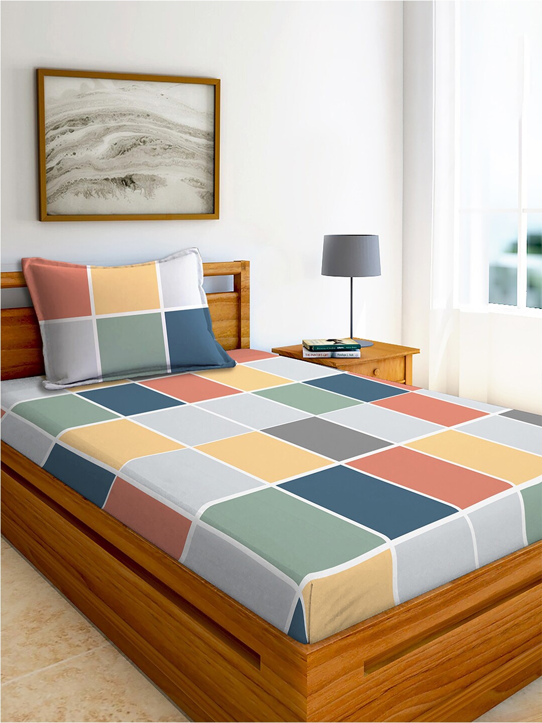 AEROHAVEN Red & Yellow Printed Cotton 240 TC Single Bedsheet with 1 Pillow Covers