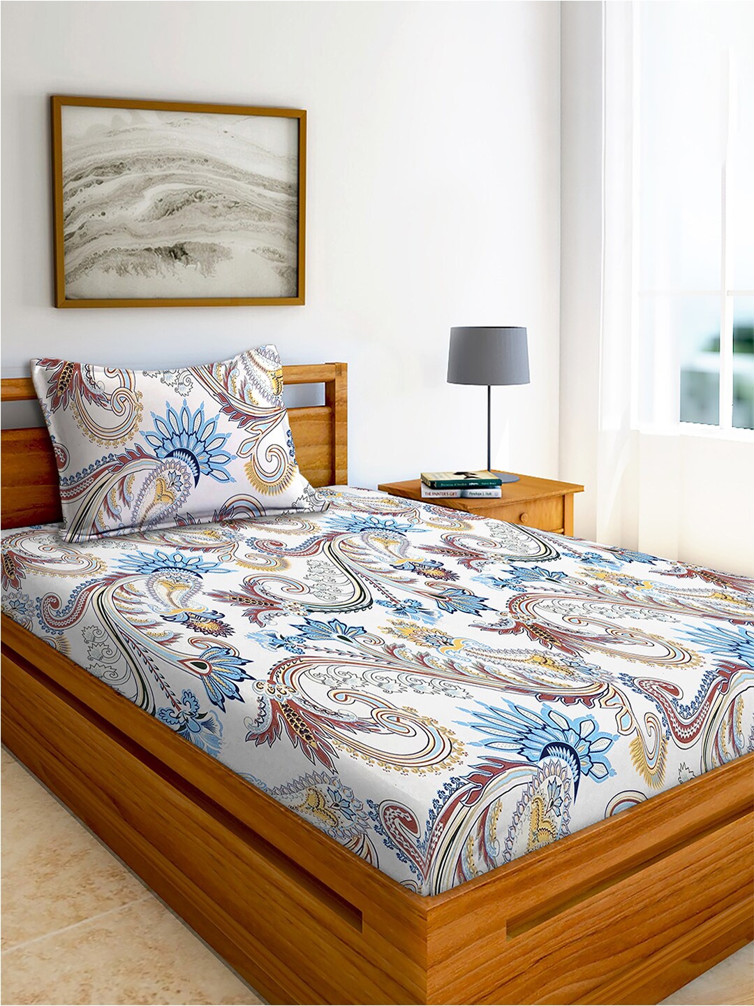 

AEROHAVEN White & Blue Printed Cotton 240 TC Single Bedsheet With 1 Pillow Cover