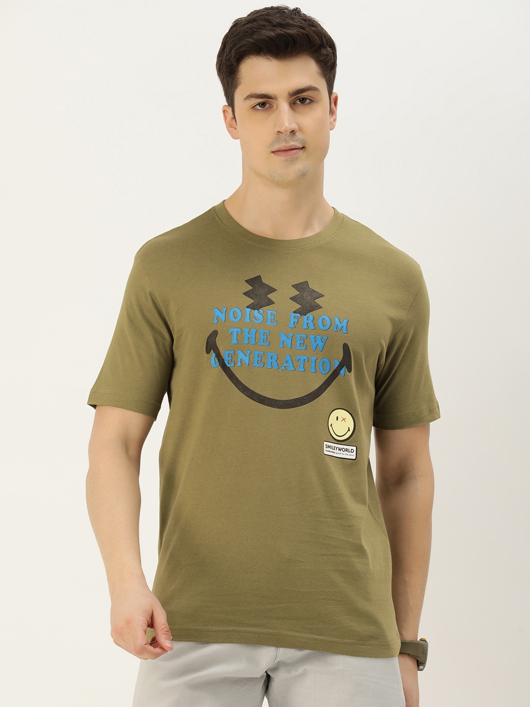 

Smiley Round Neck Graphic Printed Cotton T-shirt, Olive