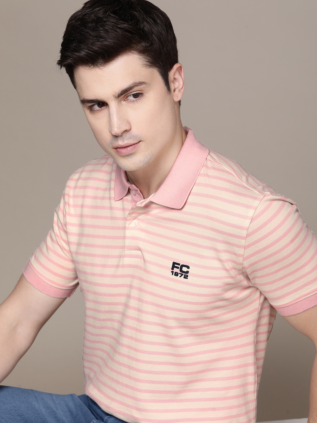 

Smiley Striped Polo Collar Cotton T-shirt, Pink