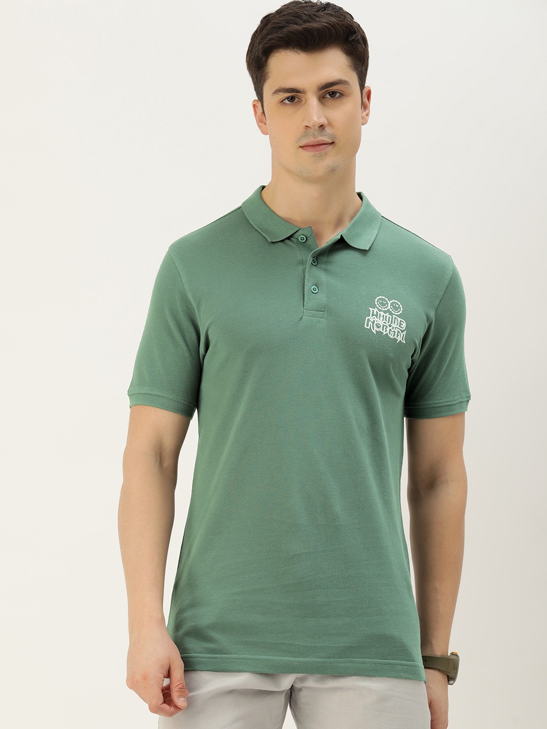 

Smiley Men Typography Printed Polo Collar T-shirt, Green