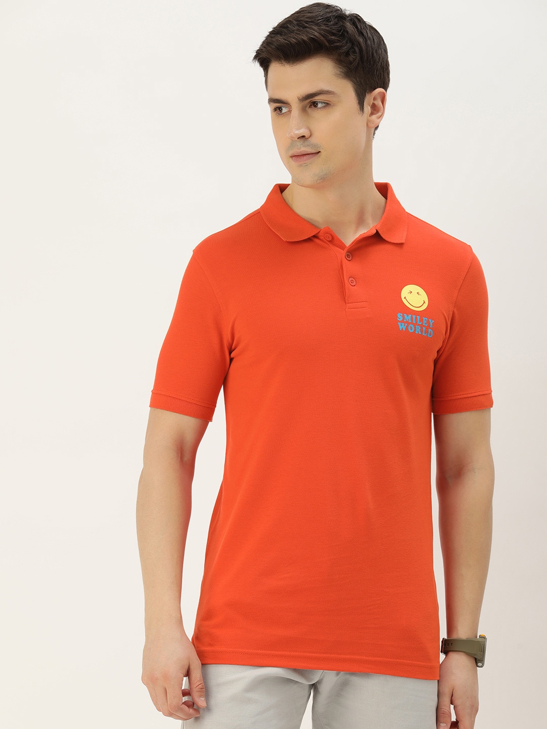 

Smiley Men Printed Polo Collar T-shirt, Orange