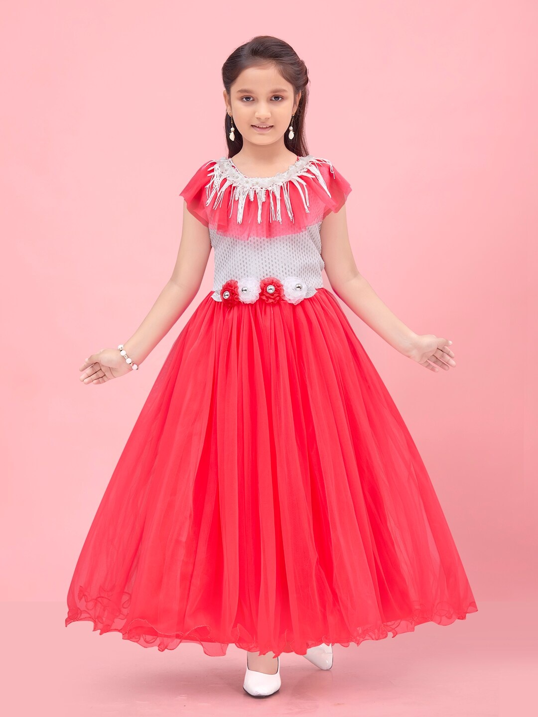 

BAESD Girls Self Design Ruffles Net Fit & Flare Maxi Dress, Red