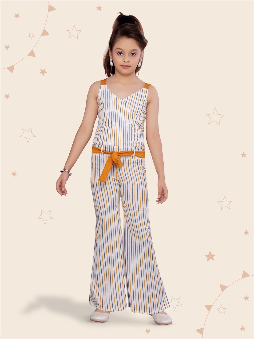 

BAESD Girls Printed Pure Cotton Waist Tie-Ups Wide Leg Jumpsuit, Yellow