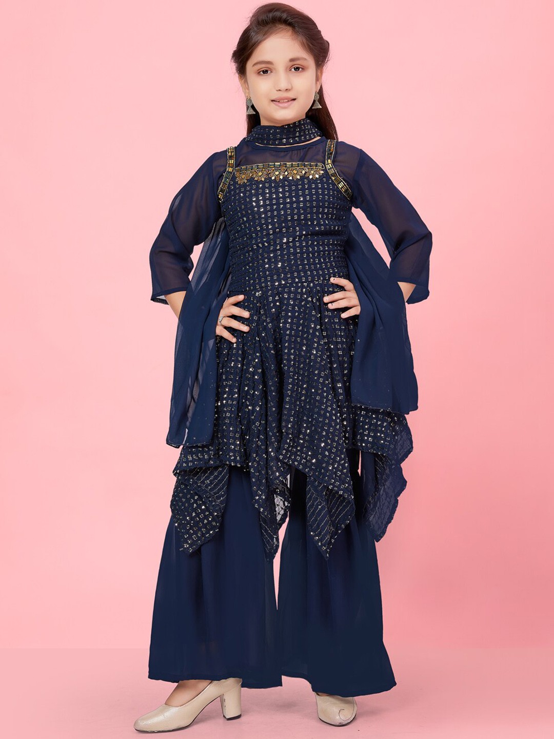 

BAESD Girls Sequinned Kurta With Sharara & With Dupatta, Navy blue
