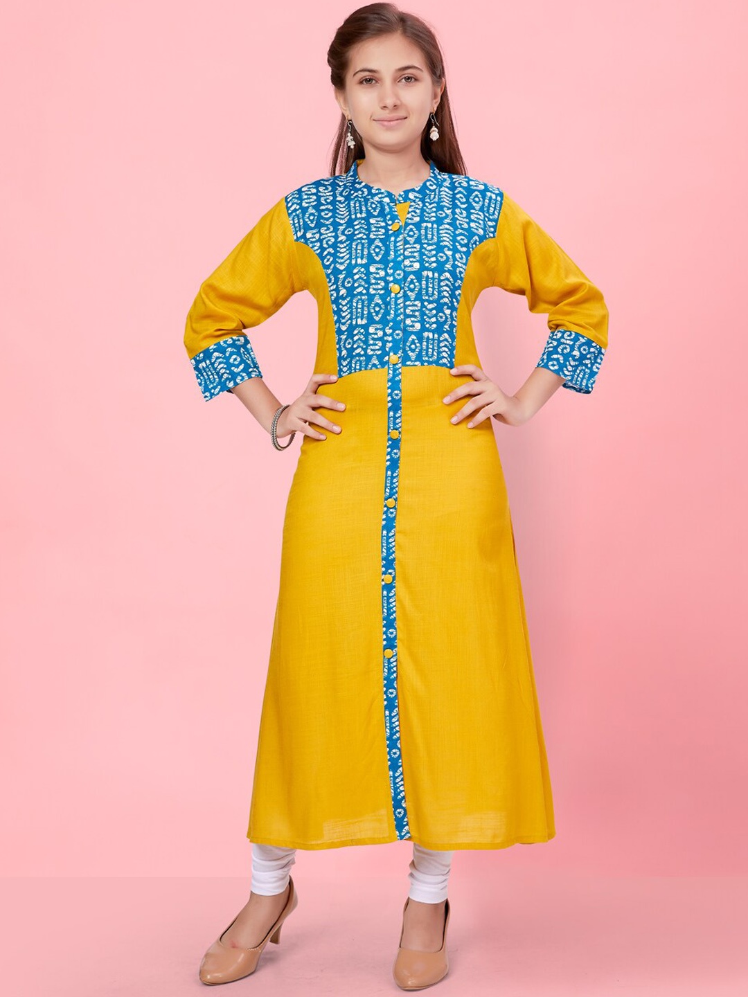 

BAESD Girls Ethnic Printed Round Neck Cotton Kurta, Yellow