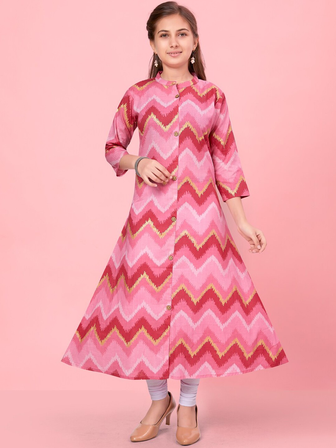 

BAESD Girls Chevron Printed Mandarin Collar Cotton Kurta, Pink