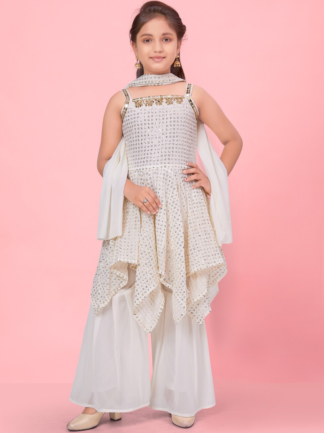 

BAESD Girls Sequinned Kurta With Sharara & With Dupatta, Cream