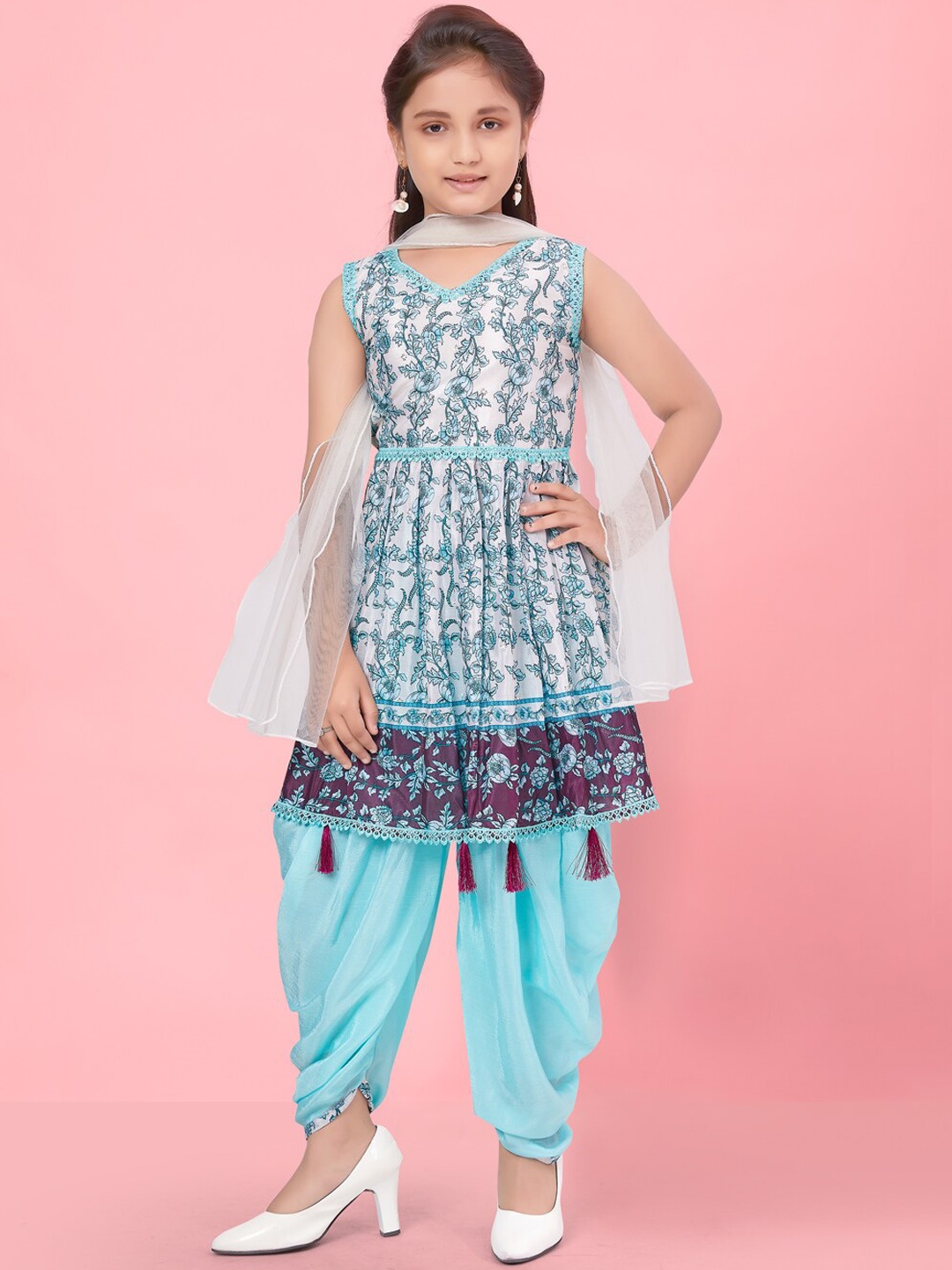 

BAESD Girls Floral Printed Pure Silk Kurta With Dhoti Pants & With Dupatta, White