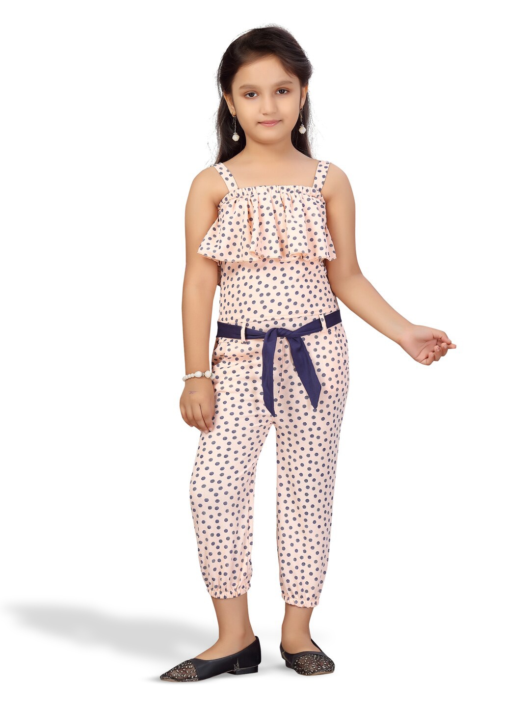 

BAESD Girls Polka Dots Printed Shoulder Straps Waist Tie-Ups Basic Jumpsuit, Peach