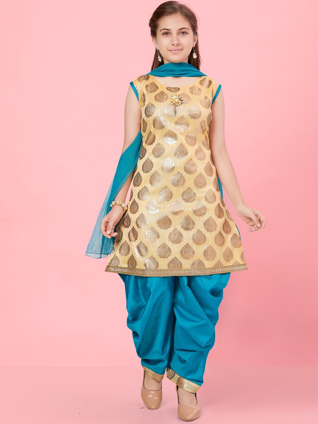 

BAESD Girls Ethnic Motif Printed Pure Silk Kurta With Dhoti Pants & With Dupatta, Gold