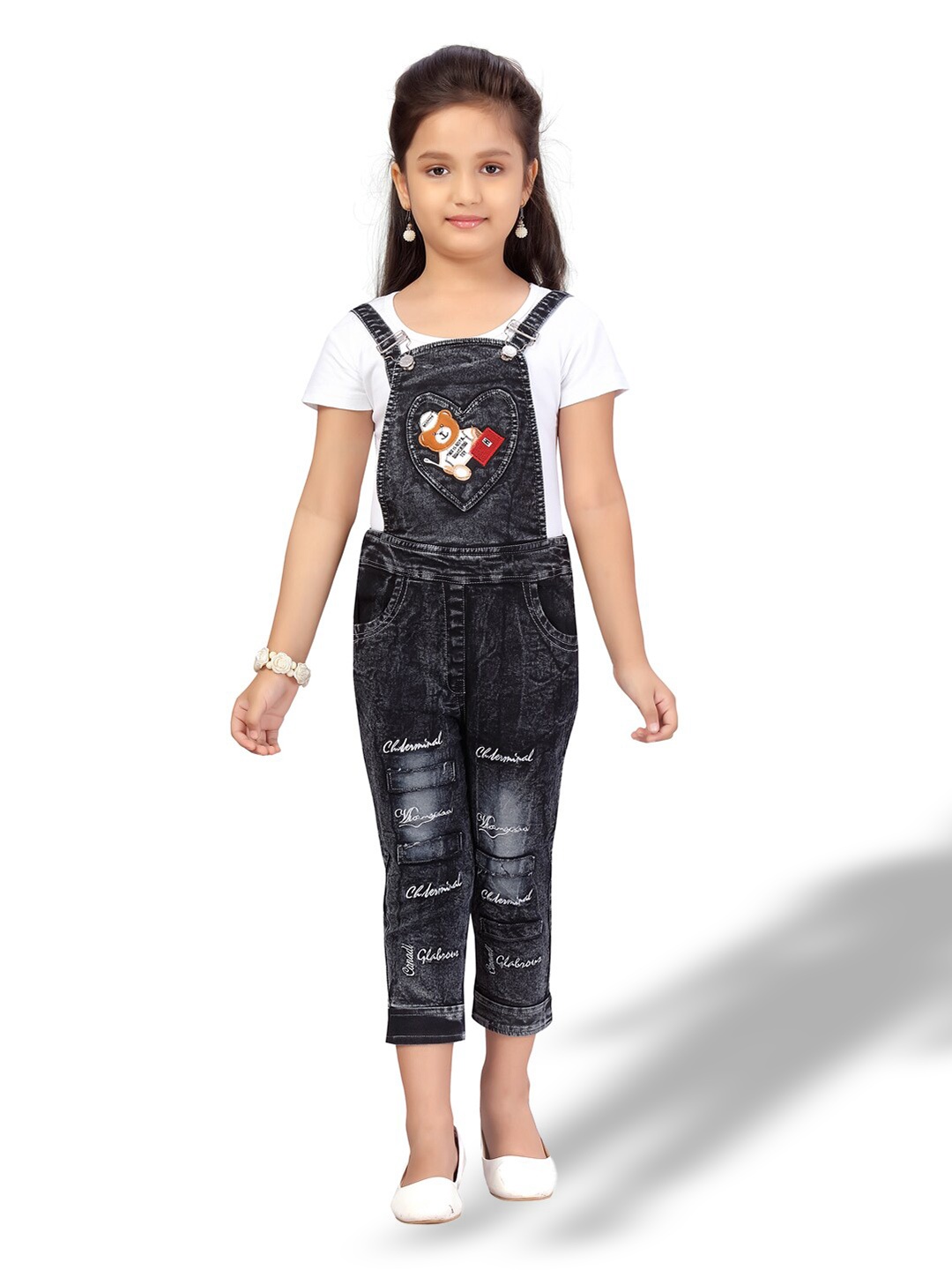 

BAESD Girls Graphic Printed Cotton T-shirt & Denim Dungaree Set, White
