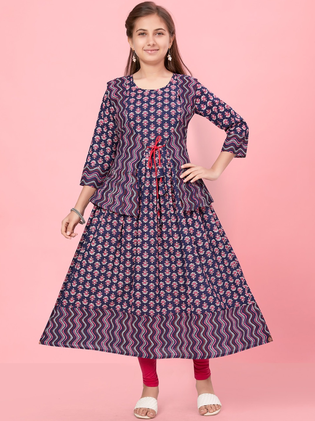 

BAESD Girls Ethnic Printed Round Neck Cotton Kurta, Navy blue