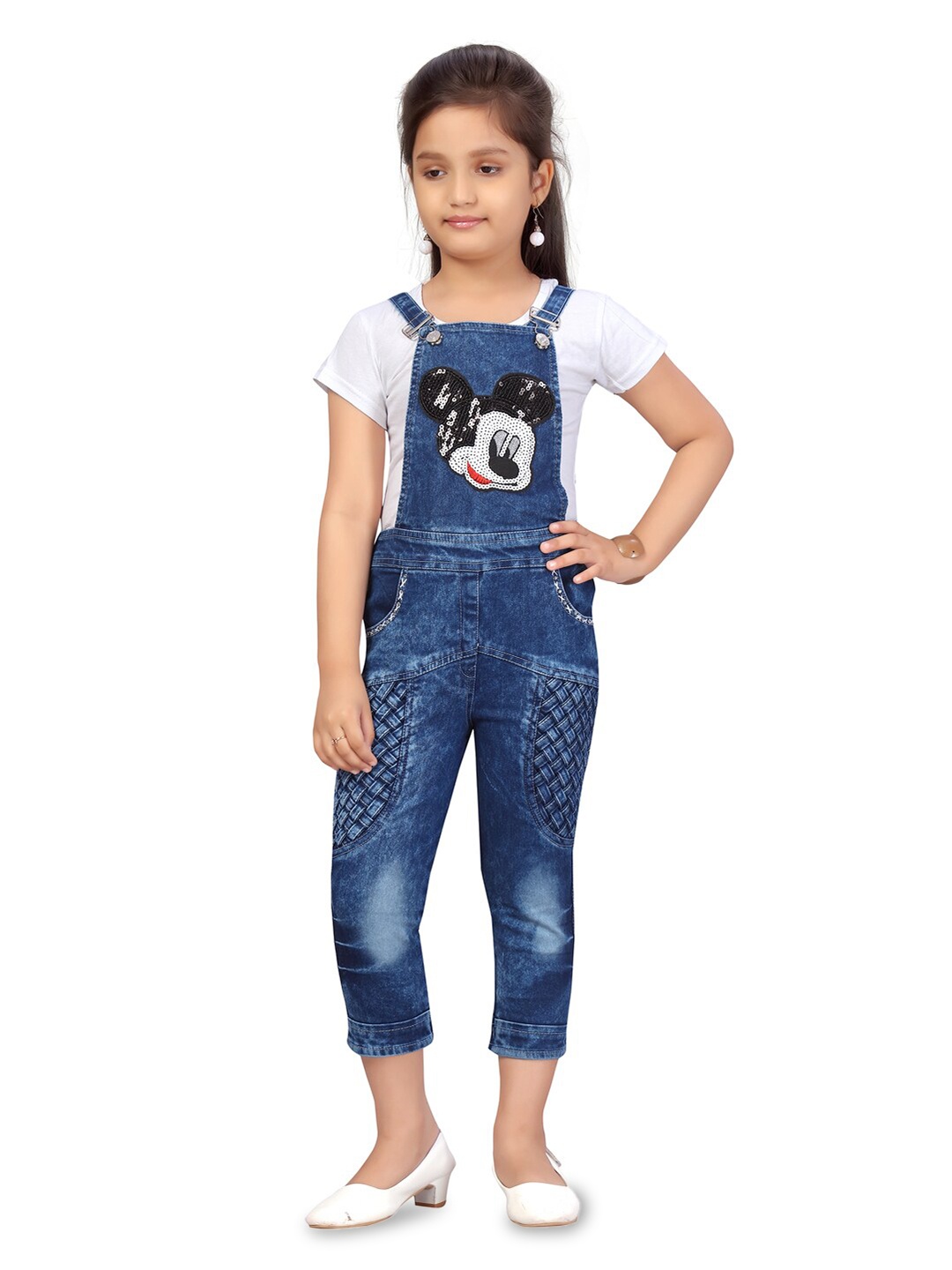 

BAESD Girls Mickey Mouse Embellished Cotton T-shirt With Dungarees Set, White