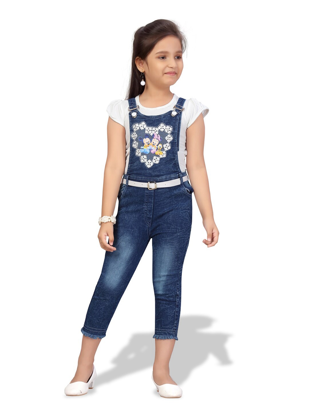 

BAESD Girls Self Design Denim Capri Pure Cotton Jumpsuit With T-Shirt, White