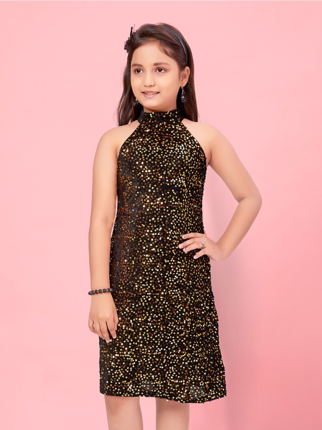 

BAESD Girls Embellished Sequined Net A-Line Dress, Gold