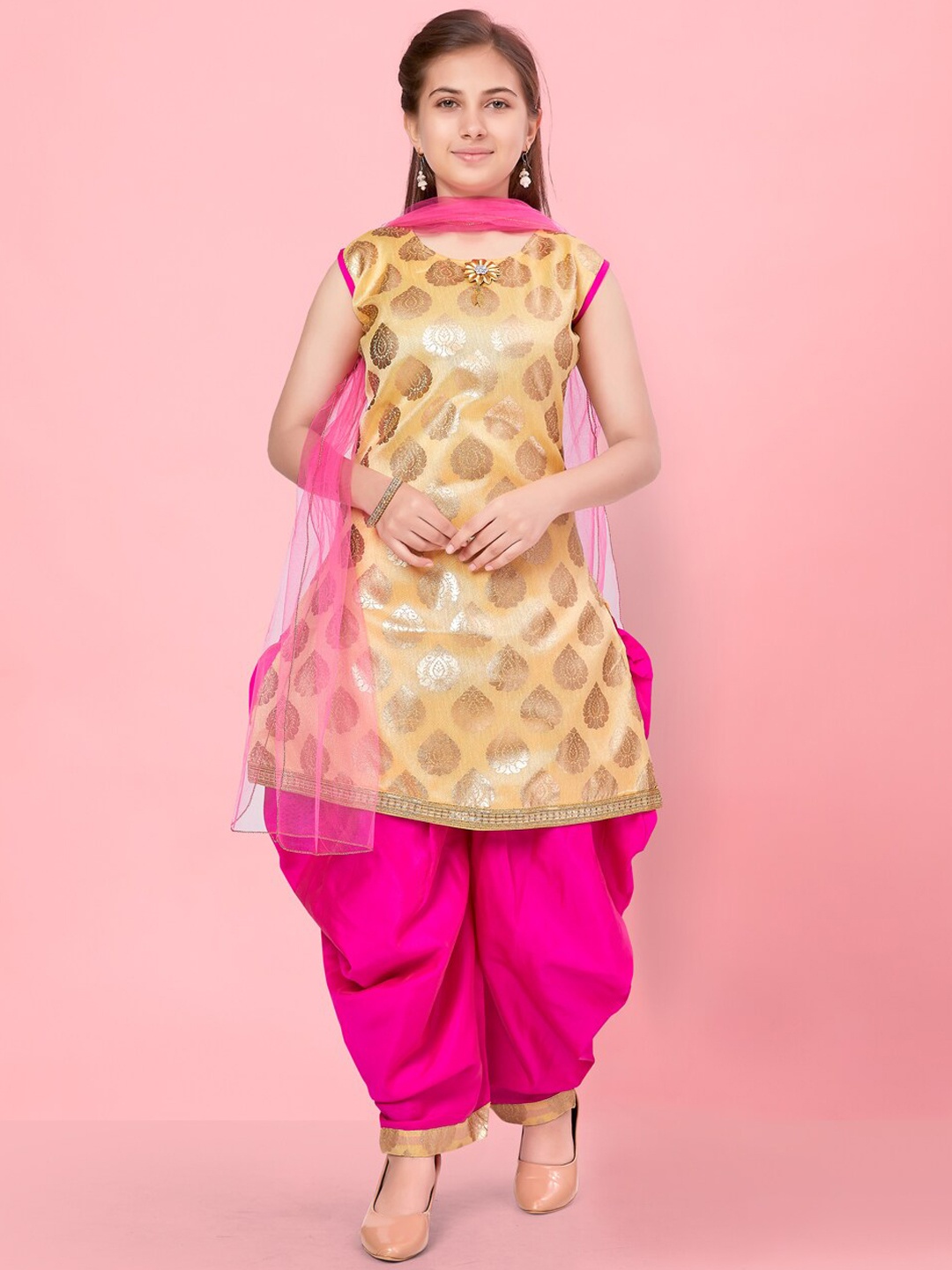 

BAESD Girls Ethnic Motif Printed Pure Silk Kurta With Dhoti Pants & With Dupatta, Gold