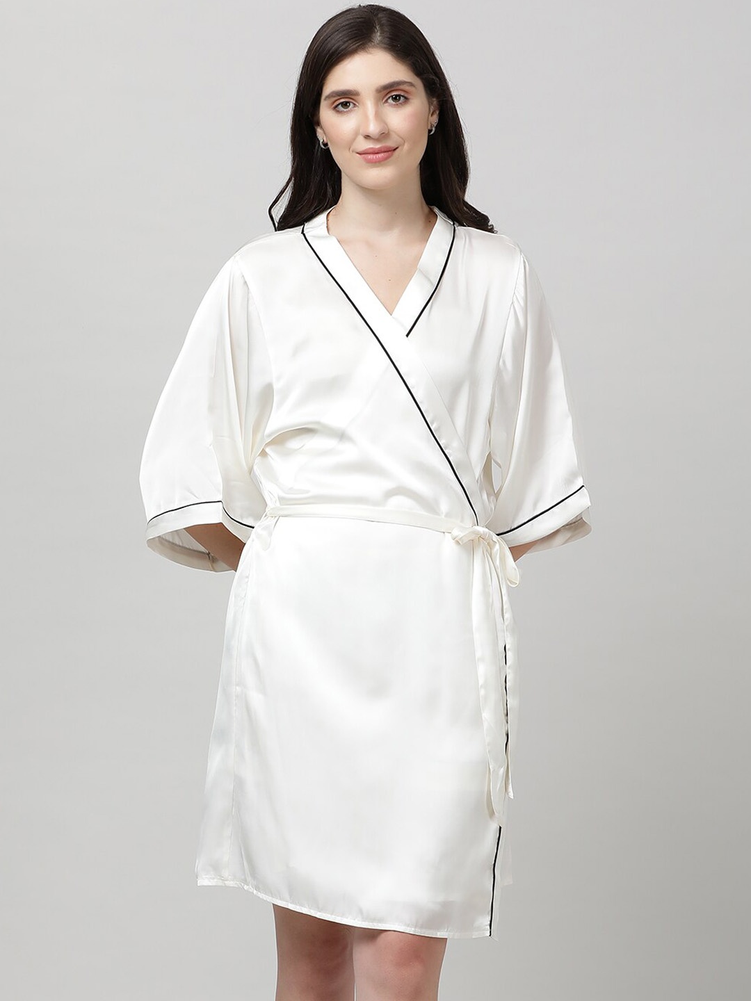 

mackly Mini Satin Robe With Belt, White