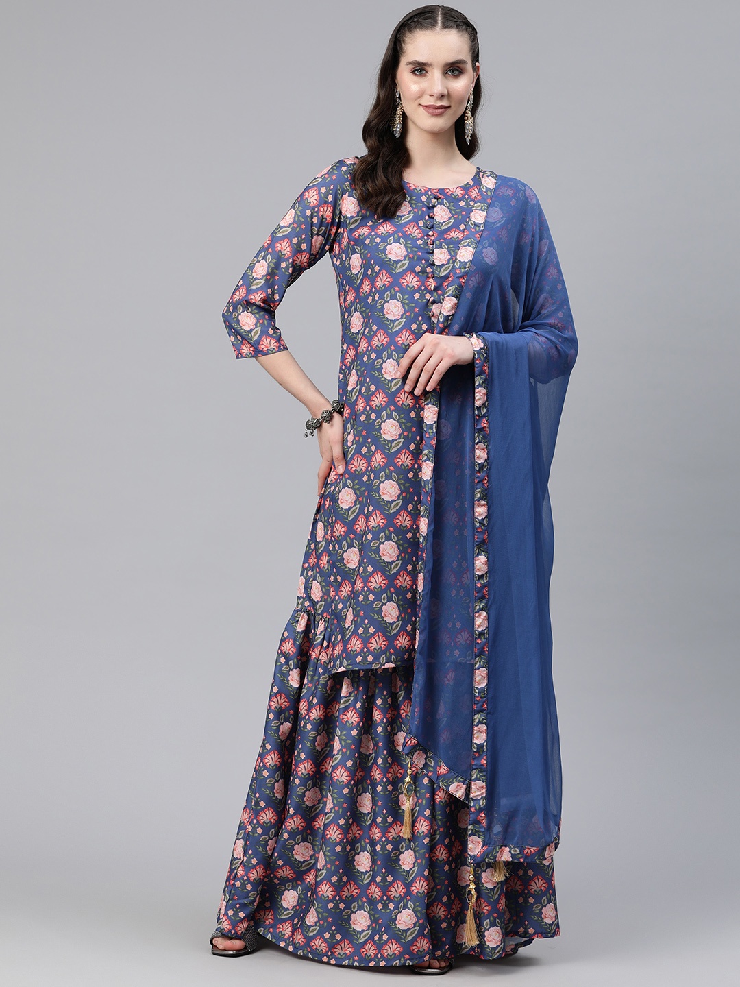 

Readiprint Fashions Floral Printed Regular Kurta with Sharara & With Dupatta, Blue