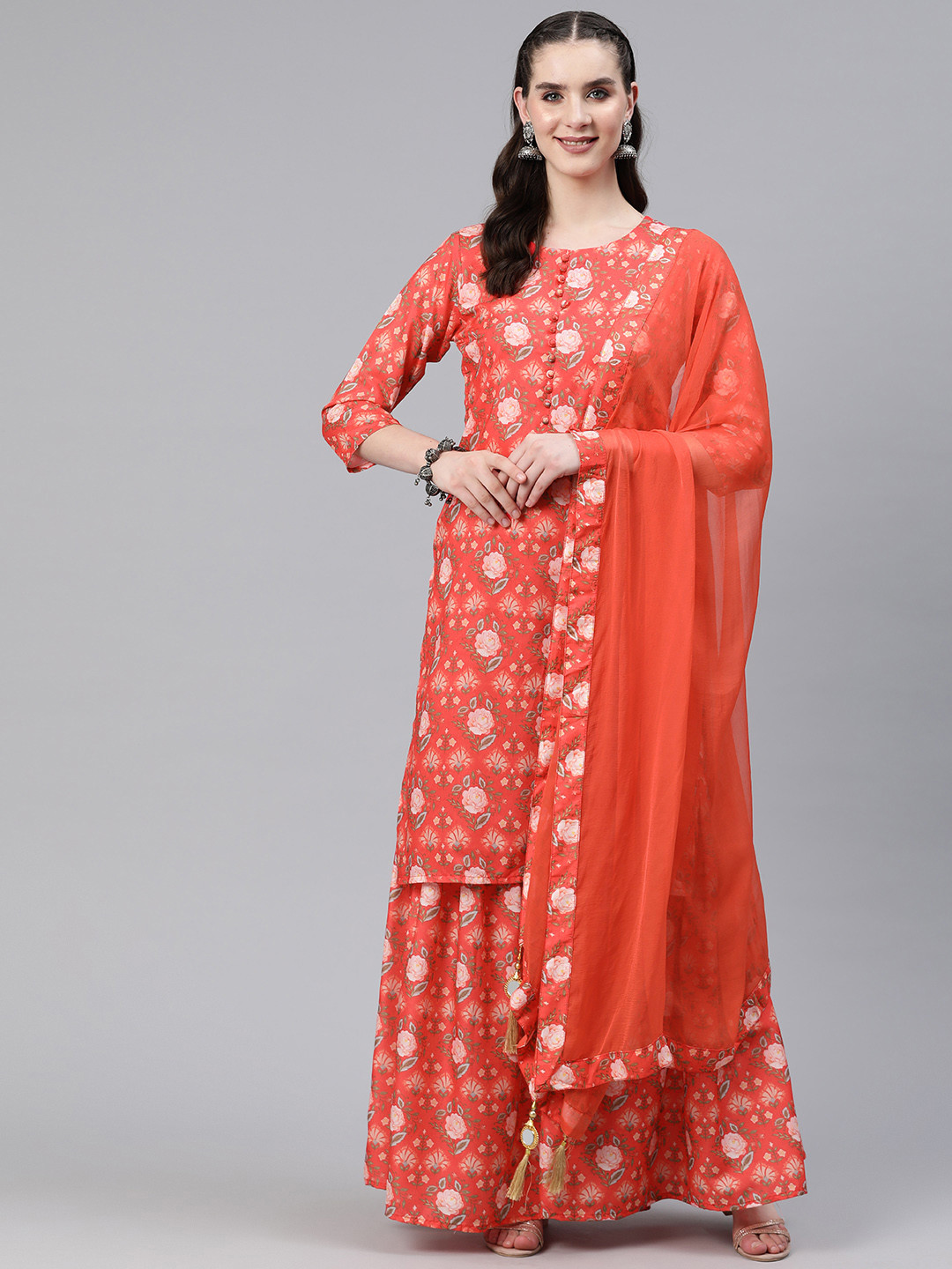 

Readiprint Fashions Floral Printed Regular Kurta with Sharara & With Dupatta, Orange