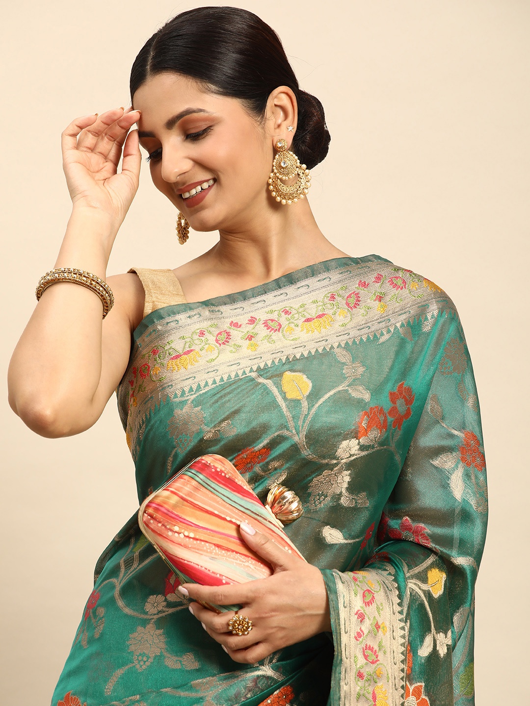 

Mitera Floral Zari Organza Kanjeevaram Saree, Teal