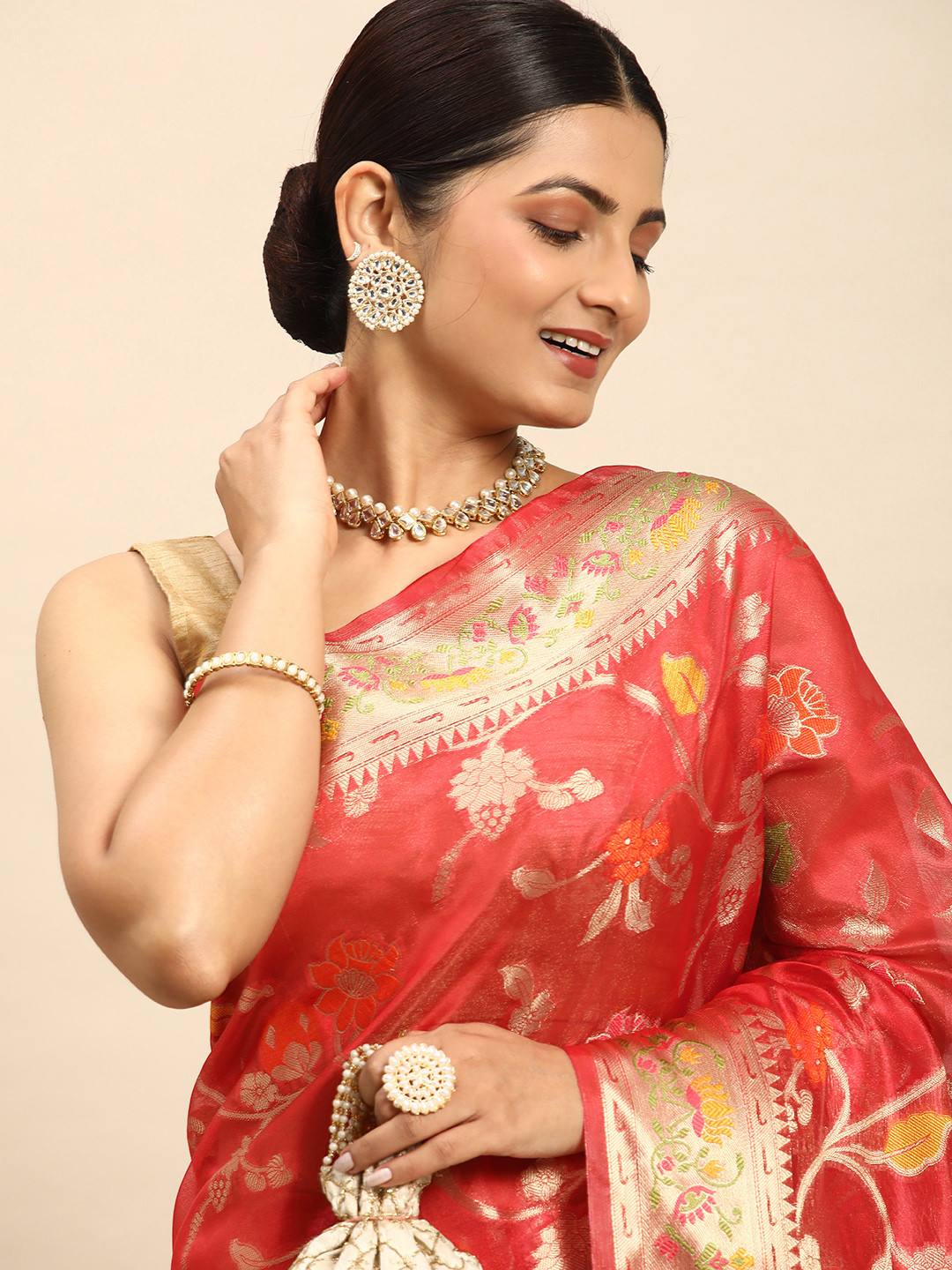 

Mitera Floral Zari Organza Kanjeevaram Saree, Red