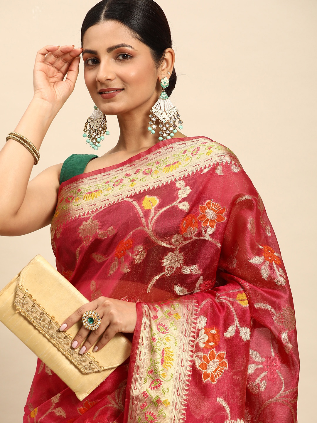 

Mitera Ethnic Motifs Zari Organza Kanjeevaram Saree, Pink