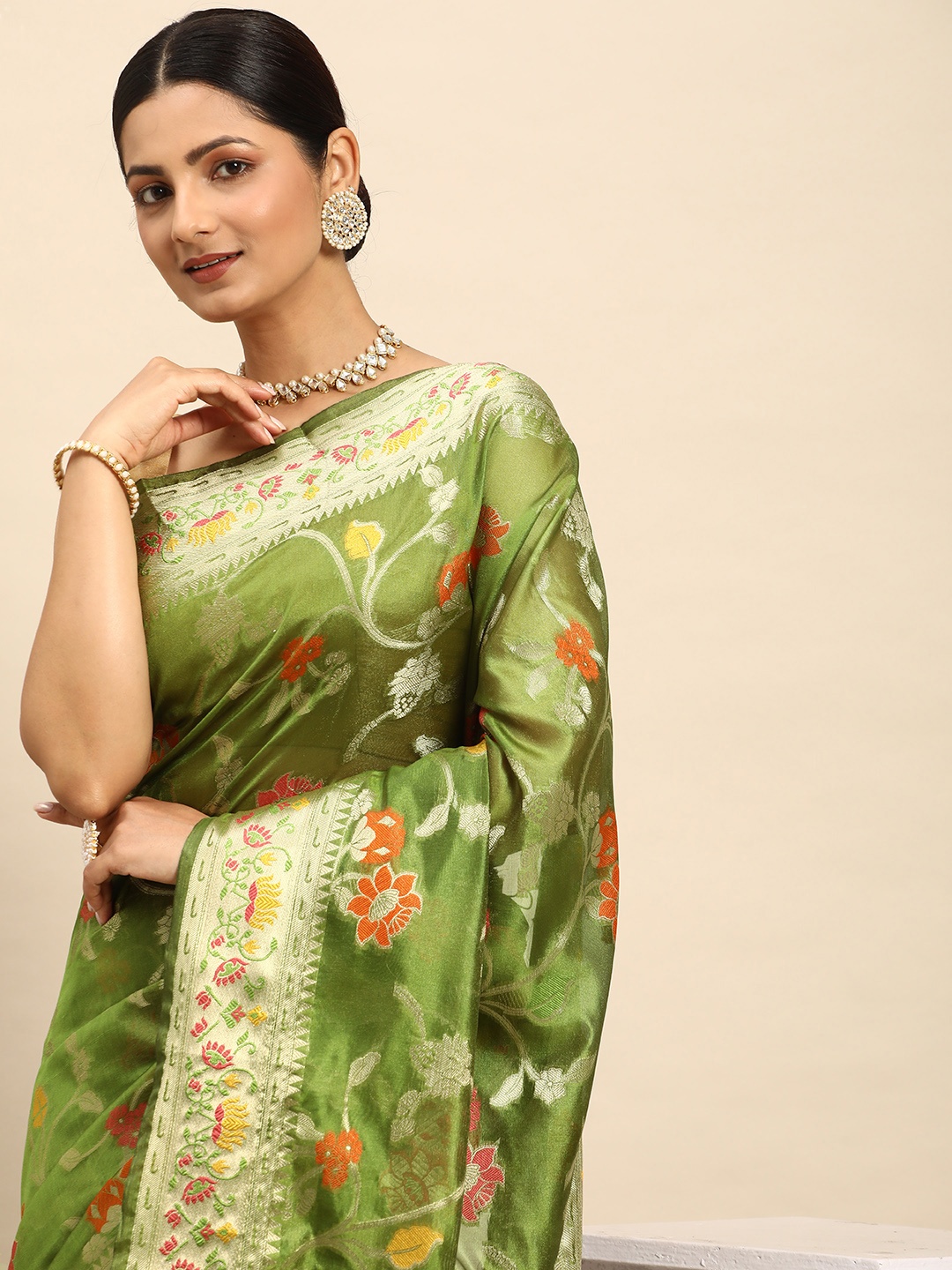 

Mitera Floral Zari Organza Kanjeevaram Saree, Green