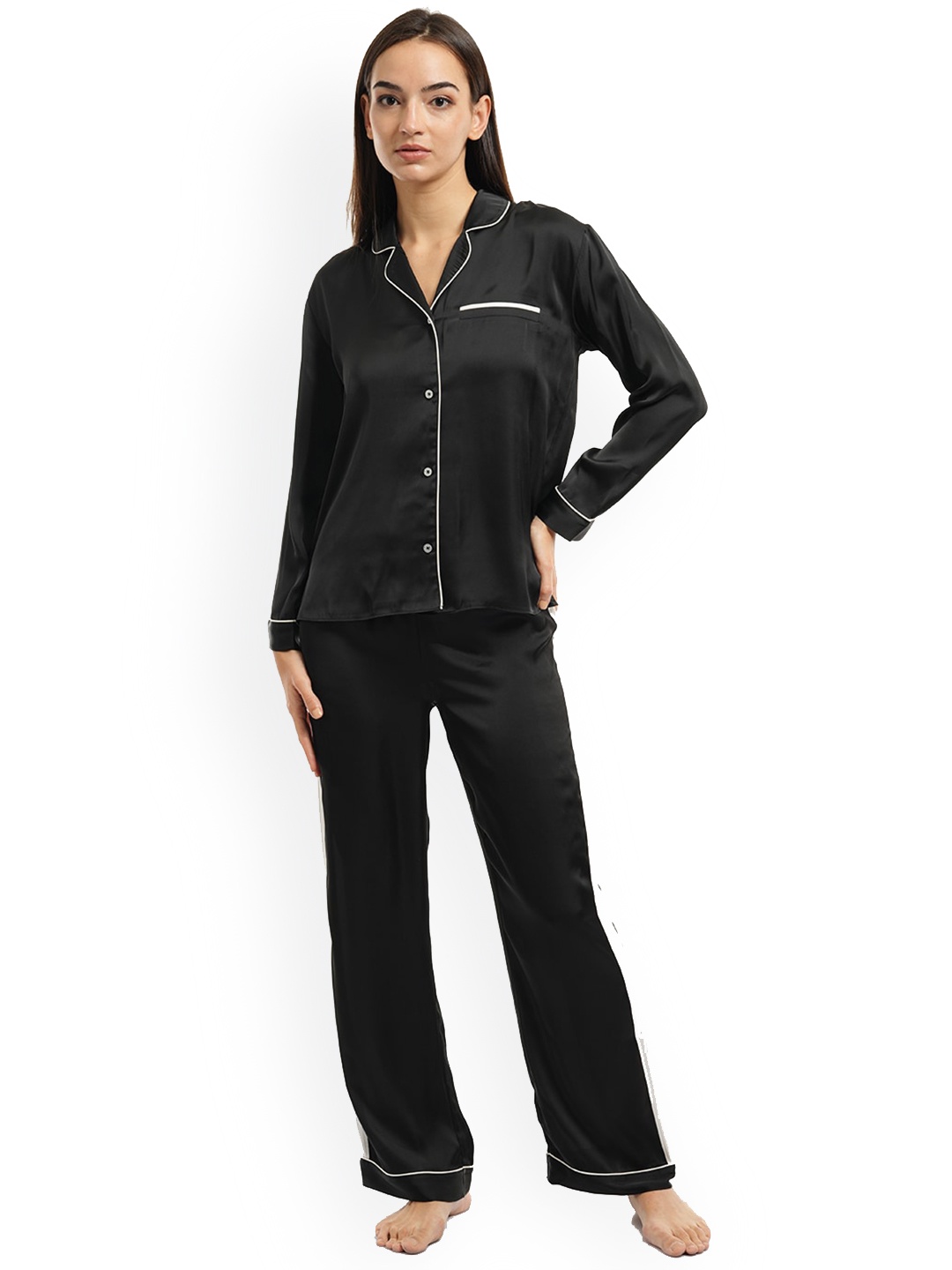 

mackly Lapel Collar Night Suit, Black