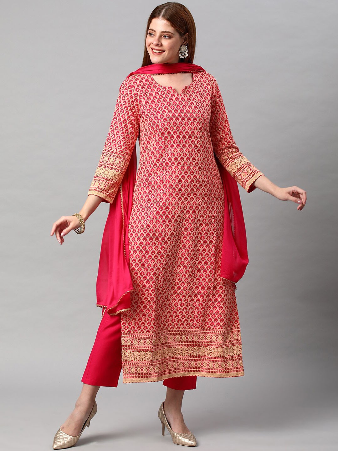 

KALINI Ethnic Motifs Embroidered Kurta with Trousers & With Dupatta, Pink