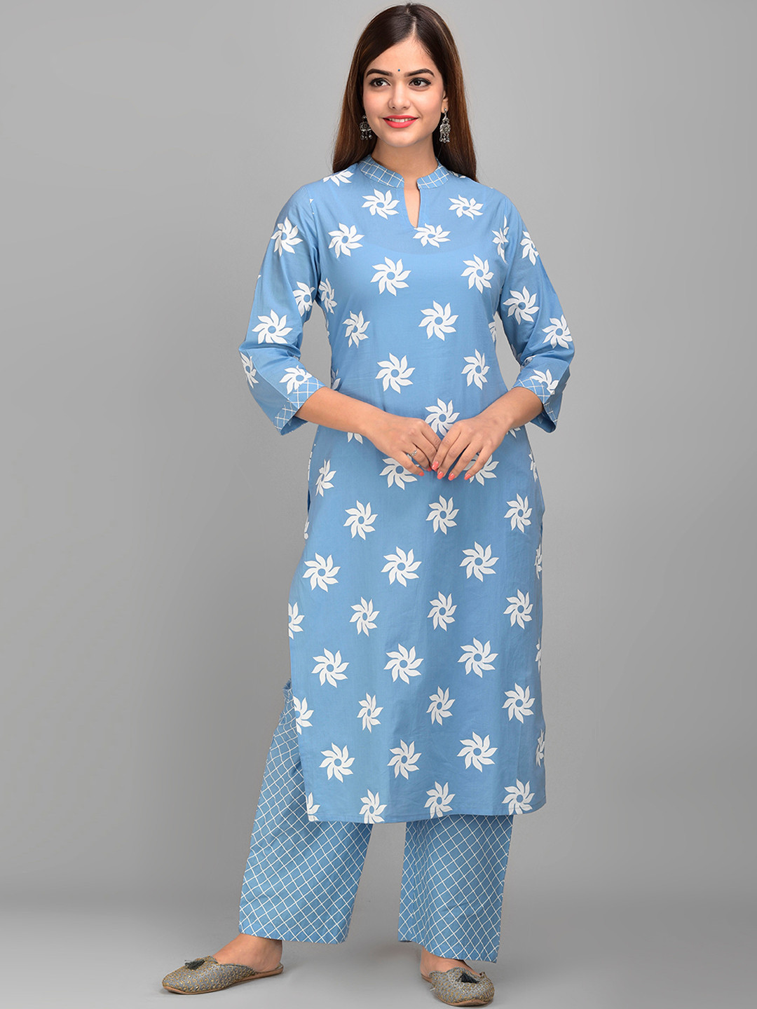 

JAIPUR FASHION MODE Floral Printed Pure Cotton Kurta with Palazzos & With Dupatta, Blue