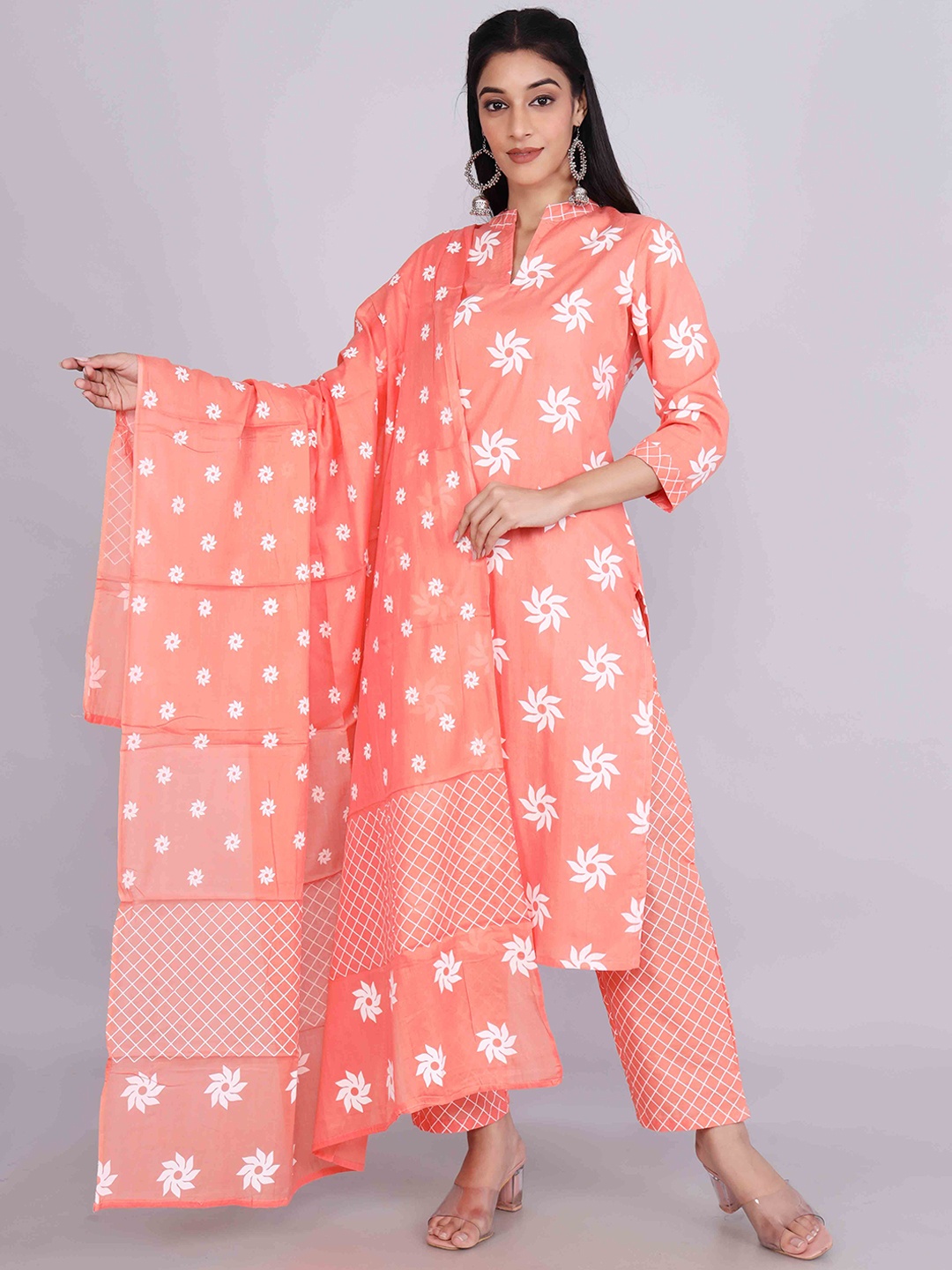 

JAIPUR FASHION MODE Floral Printed Pure Cotton Kurta with Palazzos & With, Peach