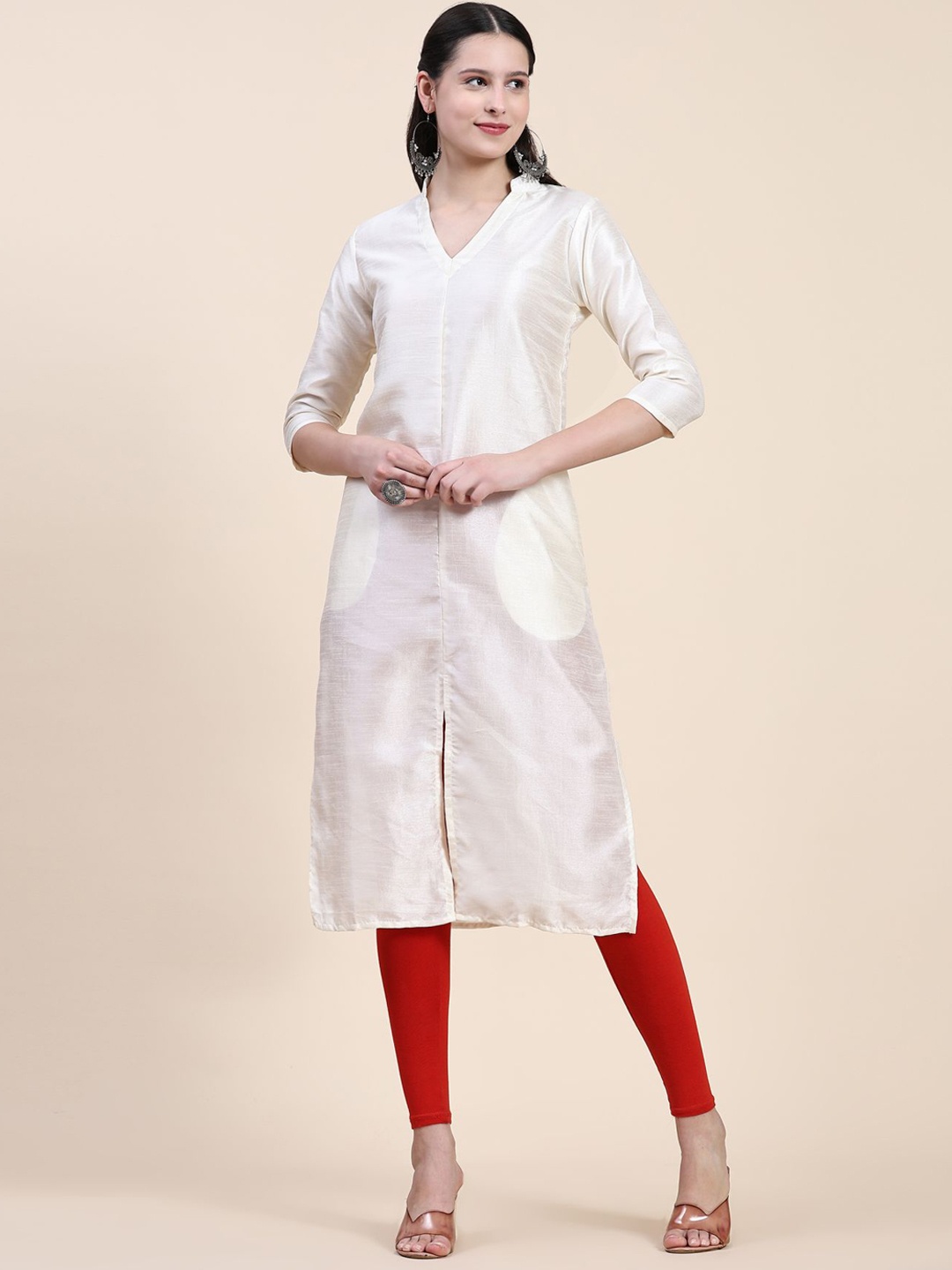 

Phenav Mandarin Collar Dupion Silk Straight Kurta, Off white