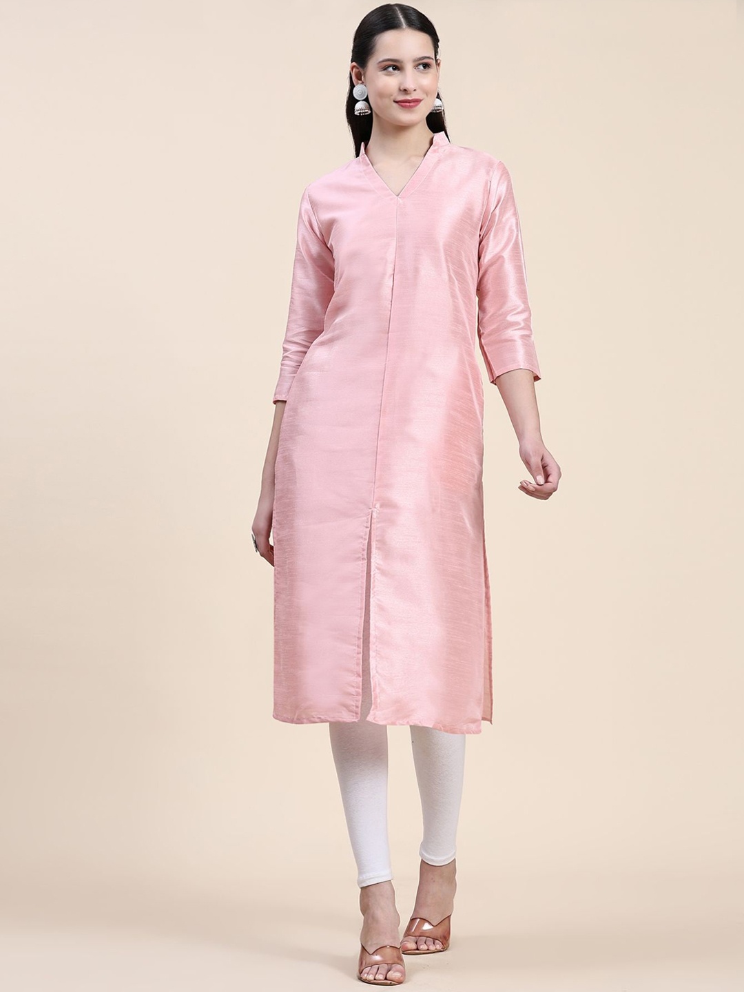 

Phenav Mandarin Collar Dupion Silk Straight Kurta, Pink