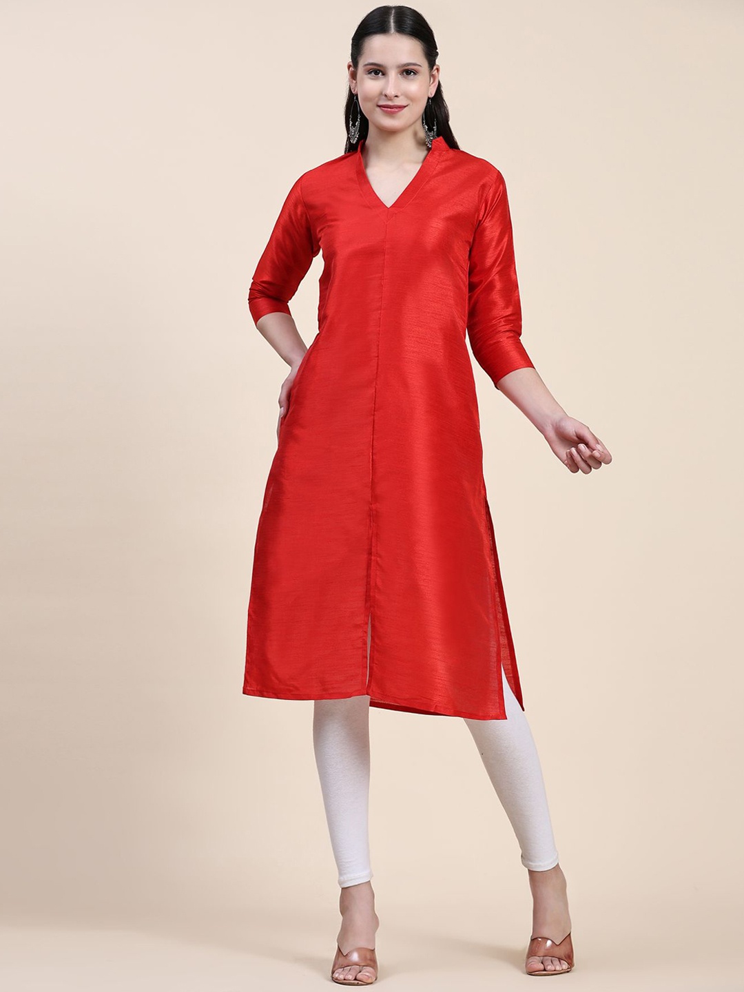 

Phenav Mandarin Collar Dupion Silk Straight Kurta, Red