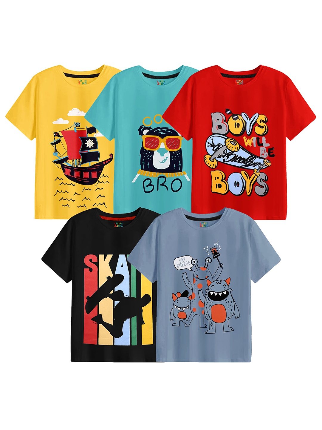

BAESD Boys Pack Of 5 Graphic Printed Cotton T-shirts, Yellow