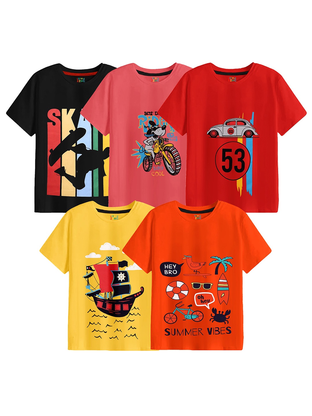 

BAESD Boys Pack Of 5 Graphic Printed Cotton T-Shirts, Orange