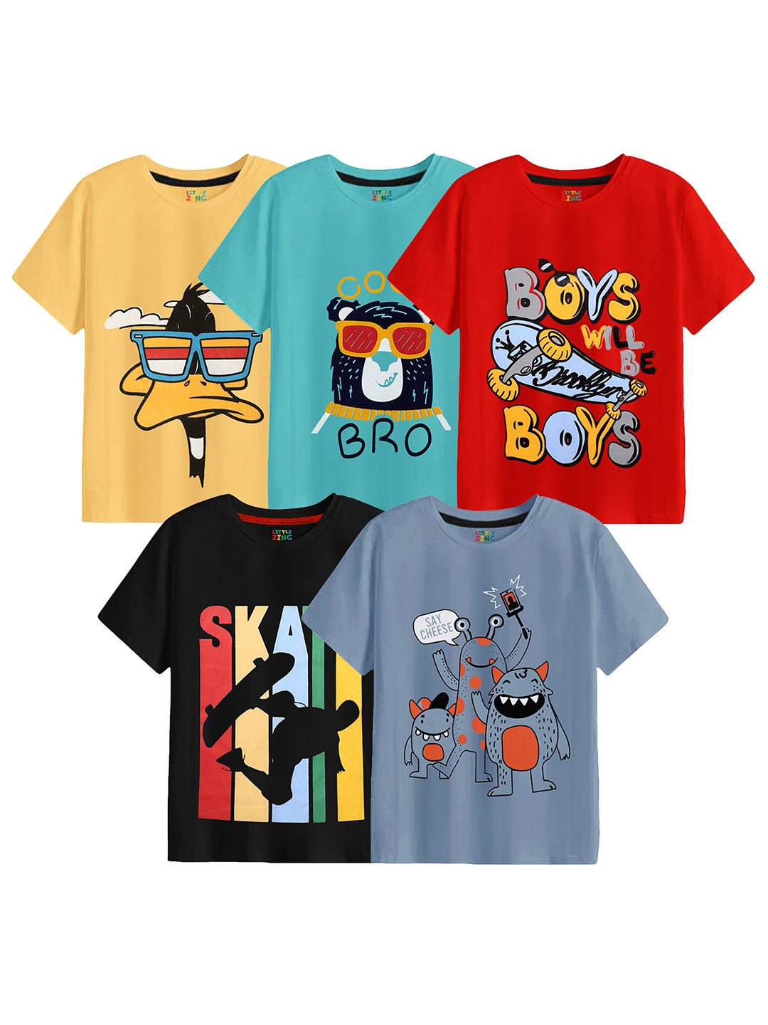 

BAESD Boys Pack of 5 Graphic Printed Cotton T-shirt, Yellow