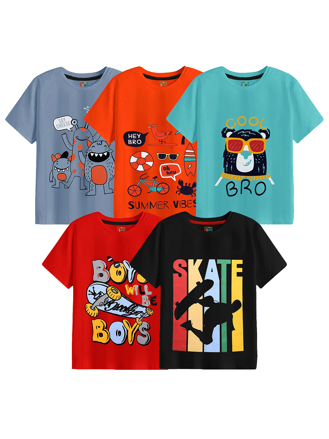 

BAESD Boys Pack Of 5 Printed Cotton T-shirt, Grey