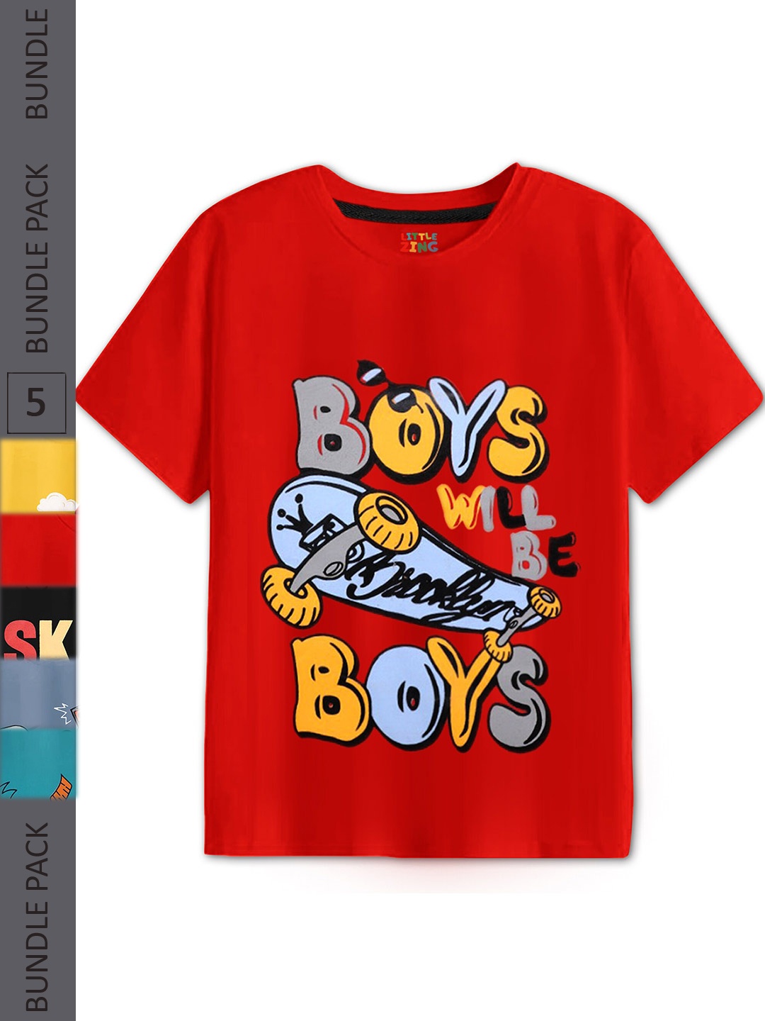 

BAESD Boys Pack Of 5 Graphic Printed Round Neck Pure Cotton T-shirt, Red