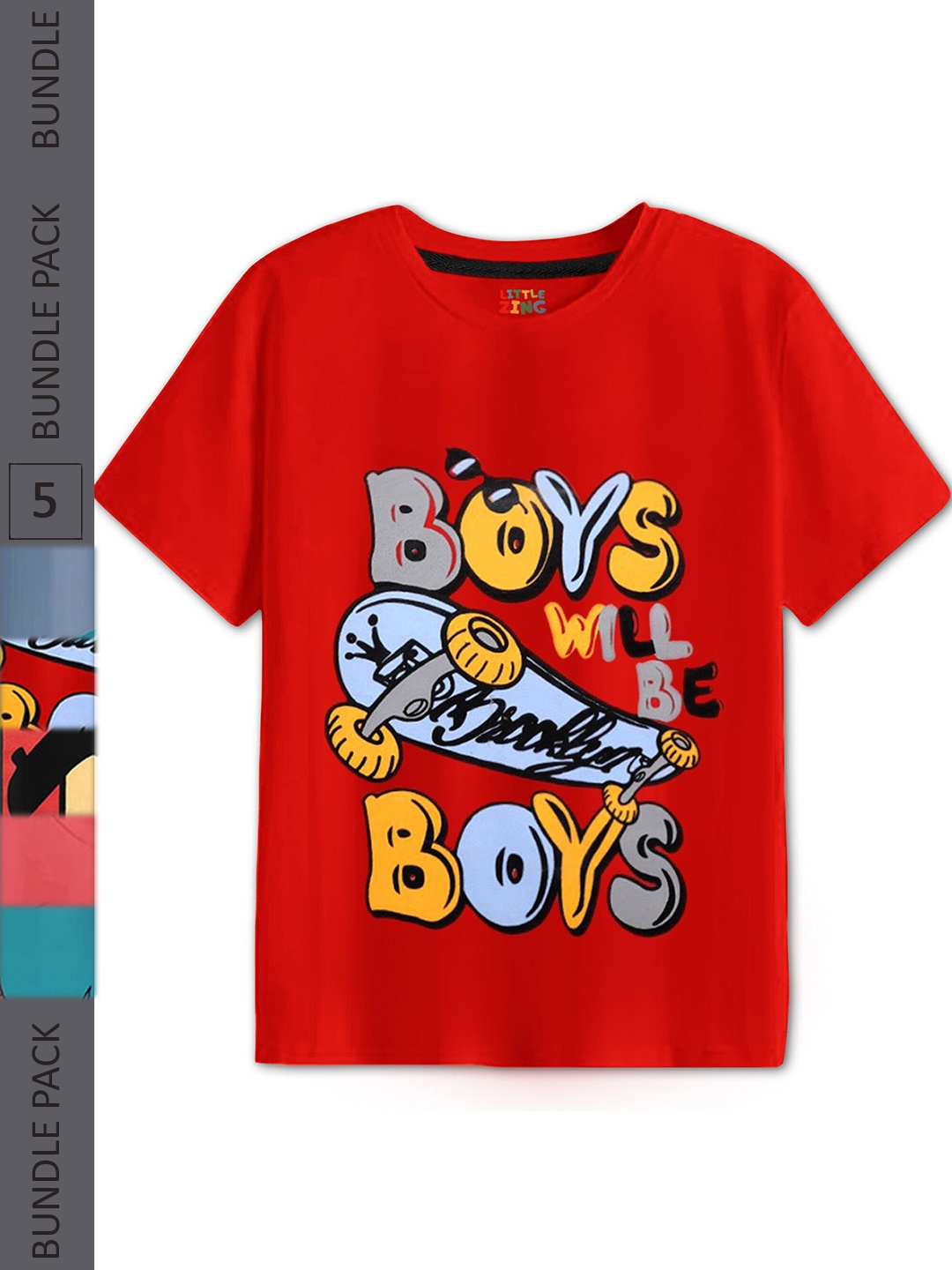 

BAESD Boys Pack of 5 Graphic Printed Cotton T-shirt, Red