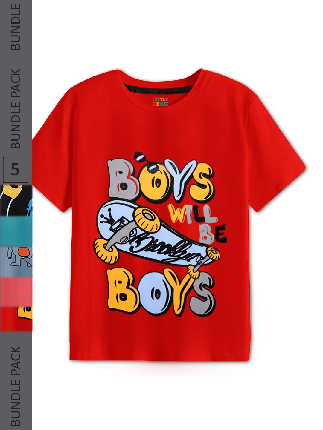 

BAESD Boys Pack of 5 Graphic Printed Cotton T-shirt, Red