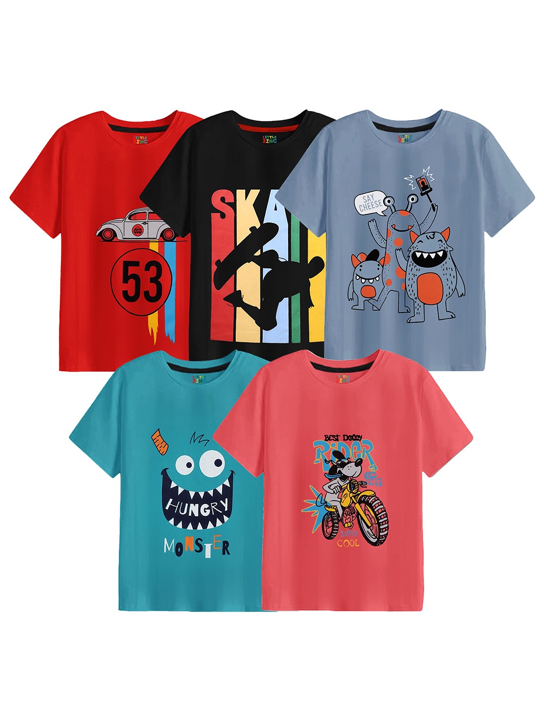 

BAESD Boys Pack Of 5 Printed Cotton T-shirt, Red
