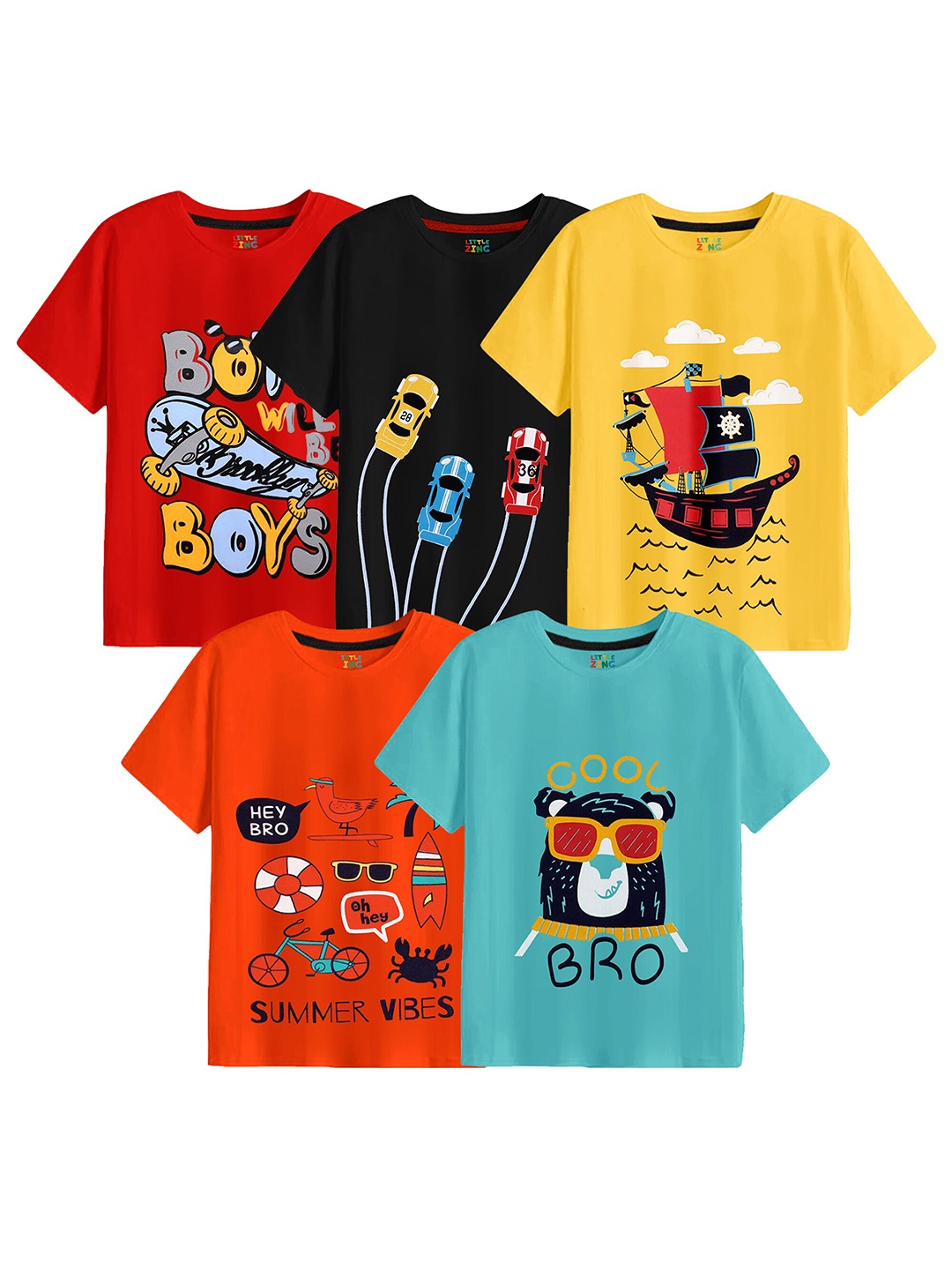 

BAESD Boys Pack Of 5 Printed Cotton T-shirt, Red
