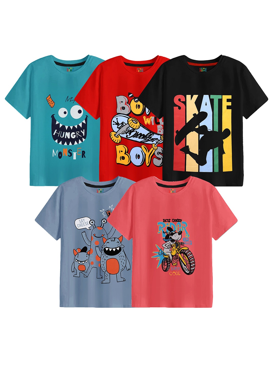 

BAESD Boys Pack Of 5 Printed Cotton T-shirt, Teal